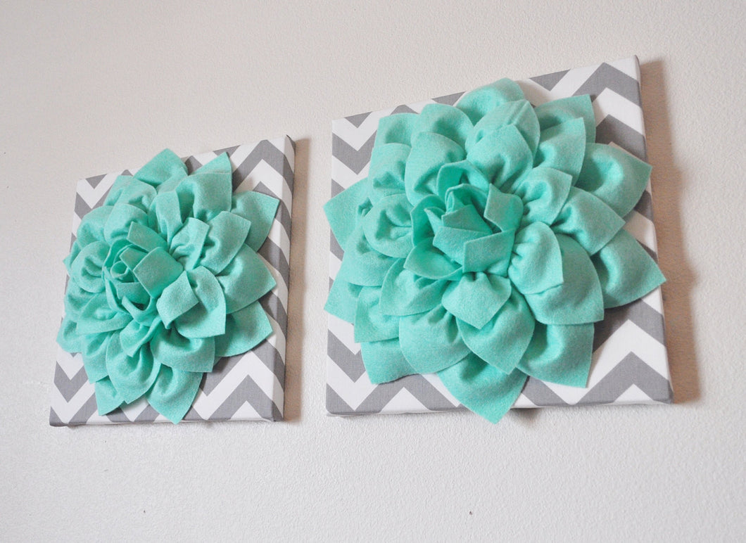 Two Wall Flowers -Mint Dahlia Flowers on Gray and White Chevron 12 x12