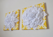 Load image into Gallery viewer, Two Flower Hangings -White Dahlias on Yellow Gotcha Print - 12 x12" Canvases Wall Art- Geometric Wall Decor- - Daisy Manor