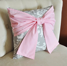 Load image into Gallery viewer, Throw Pillow Light Pink Bow on a Gray and White Damask Pillow 14x14 Pink and Gray Decor - Daisy Manor

