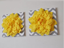 Load image into Gallery viewer, Two Wall Flower -Bright Yellow Dahlia on Gray and White Chevron 12 x12" Canvas Wall Art- Flower Wall Art - Daisy Manor