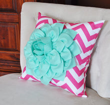 Load image into Gallery viewer, Mint Green Dahlia on Hot Pink and White Zigzag Pillow -Flower Chevron Pillow- Baby Nursery Decor - Daisy Manor