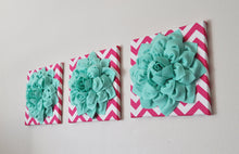 Load image into Gallery viewer, Mint Green Dahlia on Hot Pink and White Zigzag Pillow -Flower Chevron Pillow- Baby Nursery Decor - Daisy Manor
