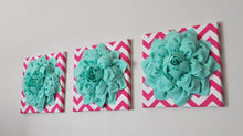 Load image into Gallery viewer, Wall Art - Set Of Three Mint Dahlia On Hot Pink And White Chevron 12 x12" Canvas - Mint Wall Art - Daisy Manor