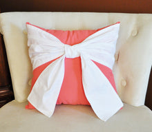 Load image into Gallery viewer, Throw Pillow, White Bow on Coral Pillow 14x14 Coral Home Decor, Decorative Throw Pillows - Daisy Manor