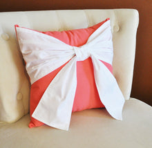 Load image into Gallery viewer, Throw Pillow, White Bow on Coral Pillow 14x14 Coral Home Decor, Decorative Throw Pillows - Daisy Manor