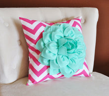Load image into Gallery viewer, Mint Green Dahlia on Hot Pink and White Zigzag Pillow -Flower Chevron Pillow- Baby Nursery Decor - Daisy Manor