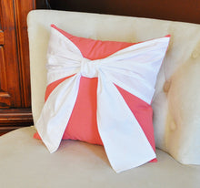 Load image into Gallery viewer, Throw Pillow, White Bow on Coral Pillow 14x14 Coral Home Decor, Decorative Throw Pillows - Daisy Manor
