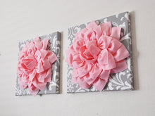 Load image into Gallery viewer, Two Wall Flowers -Light Pink Dahlia on Gray and White Damask 12 x12" Canvas Wall Art- Baby Nursery Wall Decor- - Daisy Manor