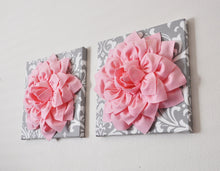 Load image into Gallery viewer, Two Wall Flowers -Light Pink Dahlia on Gray and White Damask 12 x12" Canvas Wall Art- Baby Nursery Wall Decor- - Daisy Manor