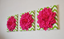 Load image into Gallery viewer, Three Hot Pink Dahlias on Green and White Chevron Canvases - Daisy Manor