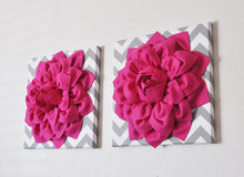 Load image into Gallery viewer, TWO Hot Pink Dahlias on Gray and White Chevron Canvases - Daisy Manor