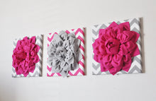 Load image into Gallery viewer, Three Hot Pink and Gray Flower Chevron Canvases - Daisy Manor