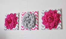 Load image into Gallery viewer, Three Hot Pink and Gray Flower Chevron Canvases - Daisy Manor
