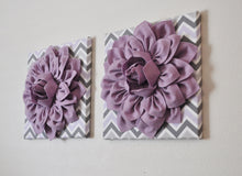 Load image into Gallery viewer, Two Wall Flowers -Lilac Dahlia on Lilac Gray and White Chevron 12 x12" Canvas Wall Art- Baby Nursery Wall Decor- - Daisy Manor
