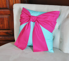 Load image into Gallery viewer, Throw Pillow Hot Pink Bow on Bright Aqua Pillow 14x14 -Aqua Blue Pillow- - Daisy Manor