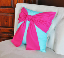 Load image into Gallery viewer, Throw Pillow Hot Pink Bow on Bright Aqua Pillow 14x14 -Aqua Blue Pillow- - Daisy Manor