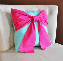 Load image into Gallery viewer, Throw Pillow Hot Pink Bow on Bright Aqua Pillow 14x14 -Aqua Blue Pillow- - Daisy Manor