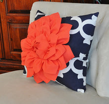 Load image into Gallery viewer, Decorative Throw Pillow -- Coral Flower on Navy and White Moroccan Lumbar Pillow - Daisy Manor