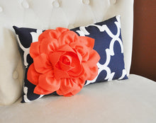 Load image into Gallery viewer, Decorative Throw Pillow -- Coral Flower on Navy and White Moroccan Lumbar Pillow - Daisy Manor