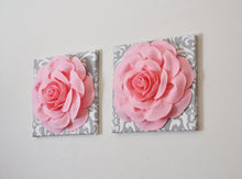 Load image into Gallery viewer, TWO Light Pink Roses on Gray and White Damask Canvases Wall Art - Daisy Manor