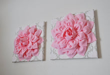 Load image into Gallery viewer, Two Wall Flowers -Light Pink Dahlia Flowers on White, Taupe and Light Pink Damask Print 12 x12" Canvas Wall Art- Baby Nurse - Daisy Manor