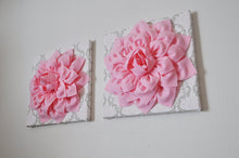 Load image into Gallery viewer, Two Wall Flowers -Light Pink Dahlia Flowers on White, Taupe and Light Pink Damask Print 12 x12" Canvas Wall Art- Baby Nurse - Daisy Manor