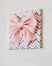 Load image into Gallery viewer, Large Light Pink Bow on Pink and Gray and White Chevron 12 x12" Canvas Wall Art- Baby Nursery Wall Decor- Zig Zag - Daisy Manor
