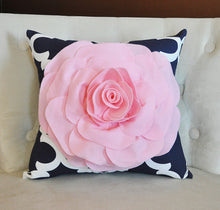 Load image into Gallery viewer, Light Pink Rose on Navy and White Moroccan Print Pillow -Moroccan Decorative Pillow- - Daisy Manor