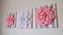 Load image into Gallery viewer, Set of Three White and Light Pink Dahlia and Stripe Canvases - Daisy Manor
