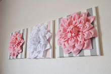 Load image into Gallery viewer, Set of Three White and Light Pink Dahlia and Stripe Canvases - Daisy Manor