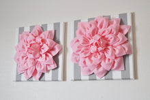 Load image into Gallery viewer, Set of Three White and Light Pink Dahlia and Stripe Canvases - Daisy Manor