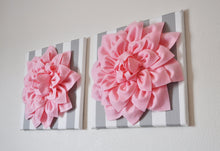 Load image into Gallery viewer, Two Wall Flowers -Light Pink Dahlias on Gray and White Stripe 12 x12" Canvas Baby Nursery Wall Art- - Daisy Manor