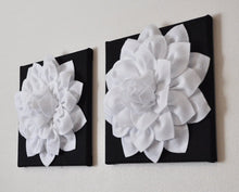 Load image into Gallery viewer, Two Flower Wall Hangings -White Dahlia on Black 12 x12" Canvas Wall Art- Black and White Wall Decor - Daisy Manor