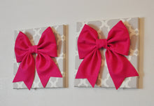 Load image into Gallery viewer, Two Bow Wall Hangings -Large Hot Pink Bows on Neutral Gray Tarika Trellis 12 x12" Canvas Wall Art- Baby Nursery Wall Decor- - Daisy Manor