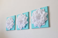 Load image into Gallery viewer, Two White Dahlia Flowers on Aqua 12 x 12 Canvases - Daisy Manor