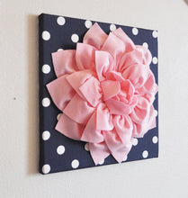 Load image into Gallery viewer, Two Flower Wall Art - Light Pink Dahlia on Navy and White Polka Dot 12 x12" Canvas Wall Hanging - 3D Felt Flower - Daisy Manor