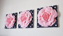 Load image into Gallery viewer, Two Flower Wall Art - Light Pink Dahlia on Navy and White Polka Dot 12 x12" Canvas Wall Hanging - 3D Felt Flower - Daisy Manor