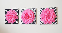 Load image into Gallery viewer, THREE Pink Flower Set on Navy and White Prints Canvases - Daisy Manor
