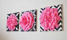 Load image into Gallery viewer, THREE Pink Flower Set on Navy and White Prints Canvases - Daisy Manor