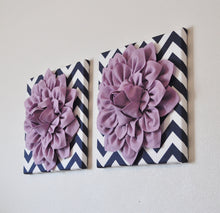 Load image into Gallery viewer, TWO Lilac Dahlia Flowers on Navy and White Chevron Canvases - Daisy Manor