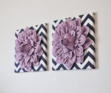 Load image into Gallery viewer, TWO Lilac Dahlia Flowers on Navy and White Chevron Canvases - Daisy Manor