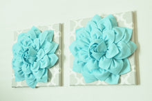 Load image into Gallery viewer, Two Home Decor Wall Art - Aqua Dahlias on Neutral Gray Tarika Print 12 x 12 " Canvas Wallart - Baby Nursery Wall Decor- - Daisy Manor