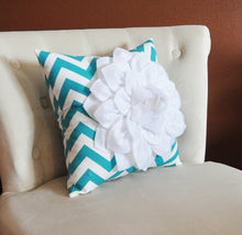 Load image into Gallery viewer, Pillow--Flower Pillow, Turquoise Chevron, Baby Nursery Decor, 14 x 14 Filled Pillow, Gift for Her, Gift for Baby - Daisy Manor