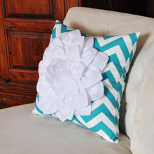 Load image into Gallery viewer, Pillow--Flower Pillow, Turquoise Chevron, Baby Nursery Decor, 14 x 14 Filled Pillow, Gift for Her, Gift for Baby - Daisy Manor