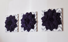 Load image into Gallery viewer, Wall Art - Three Purple Dahlia on Gray and White Chevron 12 x12" Canvas Home Decor - 3D Felt Flower - Daisy Manor