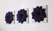 Load image into Gallery viewer, Wall Art - Three Purple Dahlia on Gray and White Chevron 12 x12" Canvas Home Decor - 3D Felt Flower - Daisy Manor