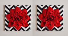 Load image into Gallery viewer, Three Red Wall Flowers -Red Dahlias on Black and White Chevron 12 x12" Canvases Wall Art- Baby Nursery Wall Decor- - Daisy Manor