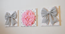 Load image into Gallery viewer, Set of Three Large Gray Bows and Light Pink Dahlia on Polka Dot Canvases - Daisy Manor