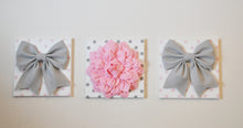 Load image into Gallery viewer, Set of Three Large Gray Bows and Light Pink Dahlia on Polka Dot Canvases - Daisy Manor