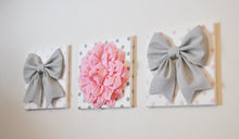 Load image into Gallery viewer, Set of Three Large Gray Bows and Light Pink Dahlia on Polka Dot Canvases - Daisy Manor